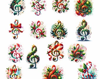 15 Watercolor Christmas Treble Clef, Music Note Clipart,  PNG, Digital Download,  Commercial use