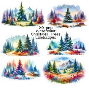 20 arbres de Noël aquarelle paysage, clipart arbre de Noël, paysage, clipart arbres de Noël, téléchargement numérique, usage Commercial