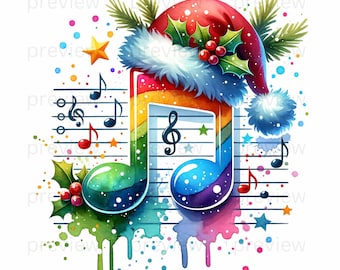 30 Watercolor Christmas Music Notes Sublimation, Music Clipart, Christmas Clipart,  PNG, Digital Download,  Commercial use