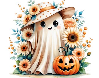 Watercolor Floral Ghosts Clipart: Halloween PNG Graphics, Printable Digital Download, Commercial Use