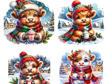 12 Christmas village Highland Cow, Christmas Clipart, Highland Cow, PNG, Christmas Clipart, baby Cow, Digital Download, Commercial use