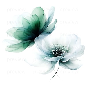 Könnte beinhalten: Zwei Aquarell-Blumen, eine in Grüntönen und die andere in Blautönen, vor einem weißen Hintergrund.