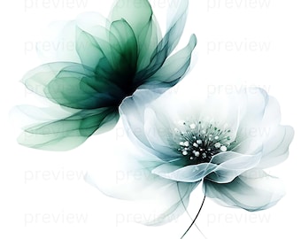 30+ Emerald Green Floral Abstracts, Watercolor Flower, Green flower clipart, Watercolor clipart, Digital download, PNG, Commercial use