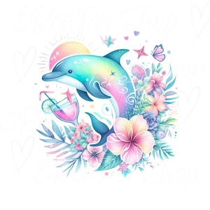 15 Acuarela, Delfín al atardecer tropical, Delfín de dibujos animados, Imágenes Prediseñadas, Imágenes Prediseñadas de olas de mar, Imprimible, PNG, Descarga digital, Uso comercial