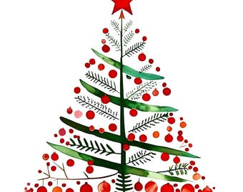 Watercolor Christmas Tree Clipart, PNG Graphics, Christmas Printables, Digital Download