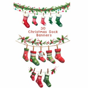 30 Christmas Sock Banner, Christmas Clipart, Card Decor, Christmas garland, Christmas Ornaments Decor, PNG Digital Download, Commercial Use