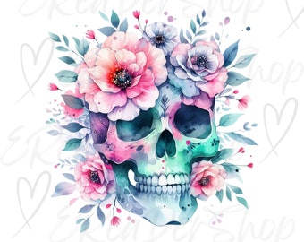 Puede incluir: Una pintura de acuarela de una calavera colorida con una corona floral. La calavera está pintada en tonos de rosa, azul y verde, y las flores están en tonos de rosa, azul y blanco.