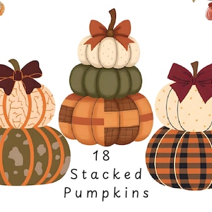 May include: Three illustrations of stacked pumpkins in autumnal shades. Each stack features a unique pattern and a bow at the top. The text "18 Stacked Pumpkins" is displayed beneath the pumpkins.