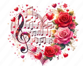 14 Watercolor Valentines Music Notes Sublimation, Music Clipart, Valentines Day Clipart, Treble Clef,  PNG, Digital Download, Commercial use