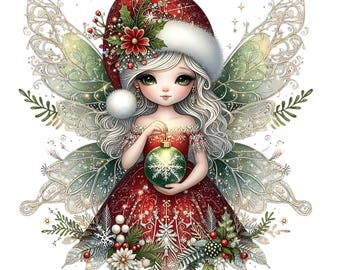 Op de afbeelding: Een illustratie van een kerstfee. Ze draagt een rode jurk en een kerstmuts versierd met hulst en een bloem. De fee houdt een groene kerstbal met een sneeuwvlok. Haar vleugels zijn gedetailleerd met glitter.
