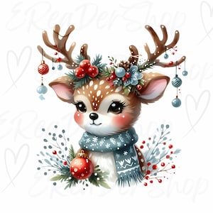 Cute Christmas Reindeers, Reindeer clipart, Watercolor Reindeers, Christmas pngs, Reindeer png, Digital Download, Printable, Commercial Use