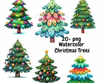 20 Watercolor Christmas Trees, Christmas Tree, Christmas Tree Clipart,  Christmas Clipart, PNG, Digital Download,  PNG, Commercial Use