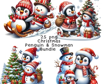 25 schattige winterpinguïns clipart, kerstpinguïn en sneeuwpop clipart, pinguïn kerstman, sneeuwpop png, digitale download, commercieel gebruik