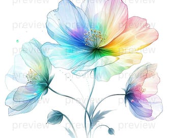 25 Floral Abstract, Watercolor Flower, Rainbow flower clipart,  Flower abstract, Watercolor clipart, Digital download, PNG Commercial use