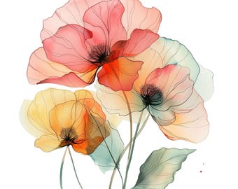 Watercolor Floral Clipart Bundle, Modern Poppy Flower, Soft Pastel Botanical Art, Floral PNG Set, Wildflower Illustrations, Digital Download