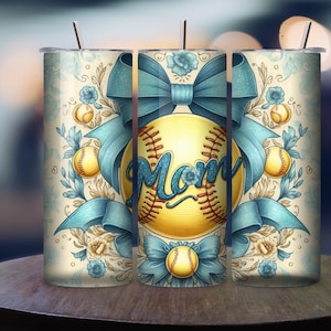 Softball Mom Pastel blue toile floral Tumbler Wrap, 20 oz Skinny Tumbler Sublimation Design, Blue Bow PNG, Digital Download, Commercial use