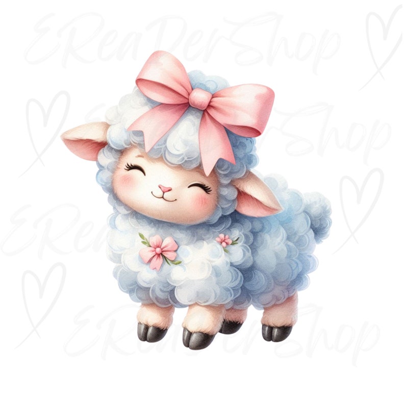 Pu&ograve; includere: Un agnello bianco e soffice adorabile con un fiocco rosa sulla testa. L'agnello ha un'espressione dolce e sta in piedi su uno sfondo bianco.