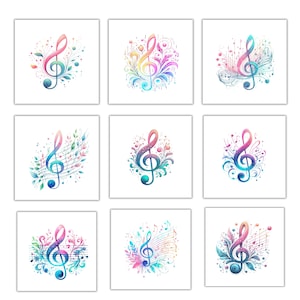 20 Imágenes Prediseñadas de notas musicales de acuarela, Png, Color pastel, Clave de Sol, Ropa, Diario, scrapbooking, Fabricación de tarjetas, Descarga digital