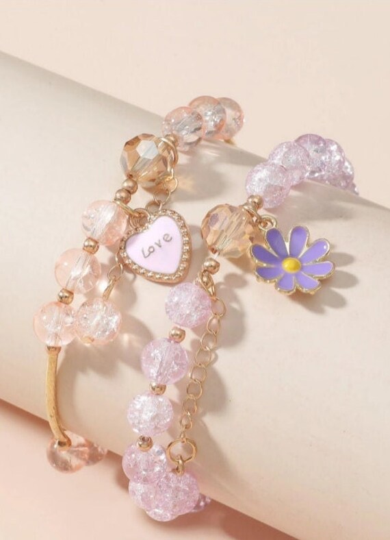 Flower Charm Pink Beaded Bracelet