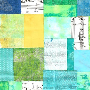 Kit de collage de patchwork con colores fríos, 1 descarga digital, tableros maestros de papel, impresiones en gel, páginas de libros pintadas, partituras VTG, naturaleza náutica