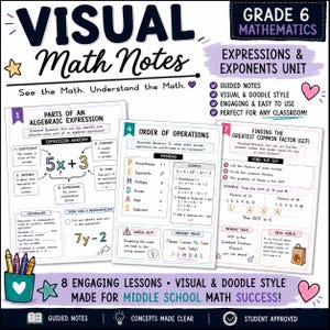 May include: A Grade 6 Mathematics educational resource titled Visual Math Notes for an Expressions and Exponents unit. It features three pages covering Parts of an Algebraic Expression, Order of Operations, and Finding the Greatest Common Factor.