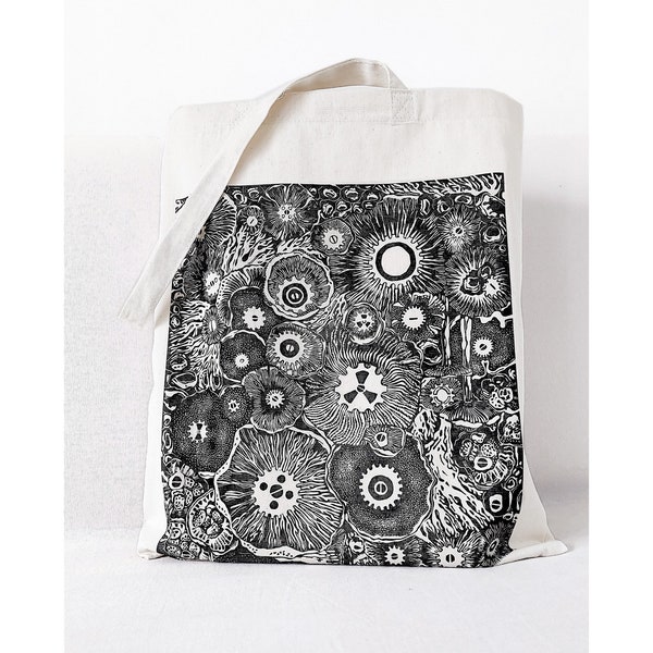 Torba bawełniana tote bag shopper z nadrukiem Grzyby, worek na ramię na zakupy w stylu steampunk.