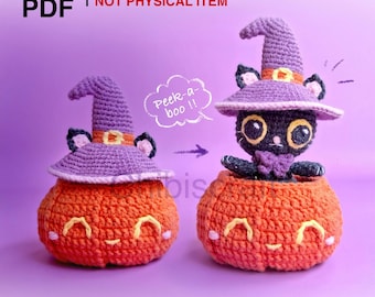 May include: Two crochet Halloween decorations: an orange pumpkin with a smiling face and a black cat wearing a purple witch hat. The cat is inside a pumpkin. The text says "crochet pattern" and "NOT PHYSICAL ITEM".