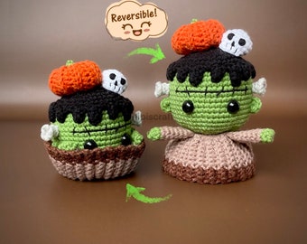 Halloween Frankenstein Cupcake Crochet Pattern – Reversible Amigurumi pattern - ENG (PDF)