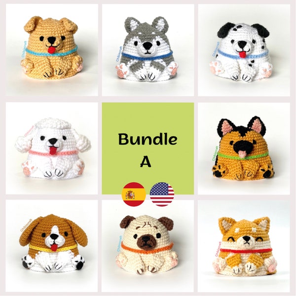 8 Dogs Crochet Pattern Bundle: Labrador, German Shepherd, Husky, Pug, Dalmatian, Beagle, Poodle, Shiba - Reversible Amigurumi (PDF)