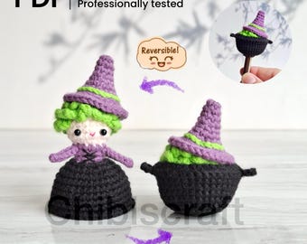 Reversible Mini Witch and Cauldron Amigurumi Low-Sew Crochet pattern for Halloween with Pencil Topper version PDF