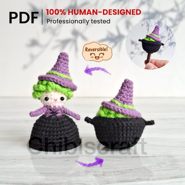 Reversible Mini Witch and Cauldron Amigurumi Low-Sew Crochet pattern for Halloween with Pencil Topper version PDF