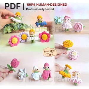 Pode incluir: Uma coleção de pequenas bonecas fadas de crochê e flores individuais de crochê em várias cores, incluindo rosa, amarelo, branco e azul. A imagem inclui o texto PDF, 100% HUMAN-DESIGNED, Professionally tested e Reversible.