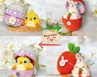 May include: Crochet pattern for a reversible Easter egg with a chick inside and a carrot with a bunny inside. The egg is purple and pink with white flowers and the carrot is orange with green leaves. The chick and bunny are both white with pink noses and black eyes. The pattern is available in English, Spanish, and Portuguese.