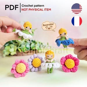 Dwustronna miniaturowa wróżka kwiatowa Amigurumi, wzór na szydełkowanie bez szycia w formacie PDF do wykonania wróżki Rumianek, Kosmos, Stokrotka, Niezapominajka