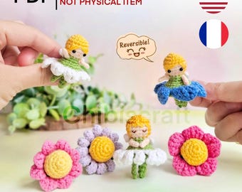 Reversible Mini Flower Fairy Amigurumi No Sew Crochet Pattern PDF for making Chamomile, Cosmos, Daisy, Forget me not fairy