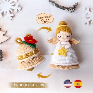 リバーシブルクリスマスエンジェルとベルの編みぐるみパターン - クリスマスオーナメント - かぎ針編みパターン - (PDF)
