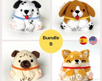 Lot de 4 chiens au crochet : dalmatien, beagle, carlin, shiba inu - motif amigurumi réversible (PDF)