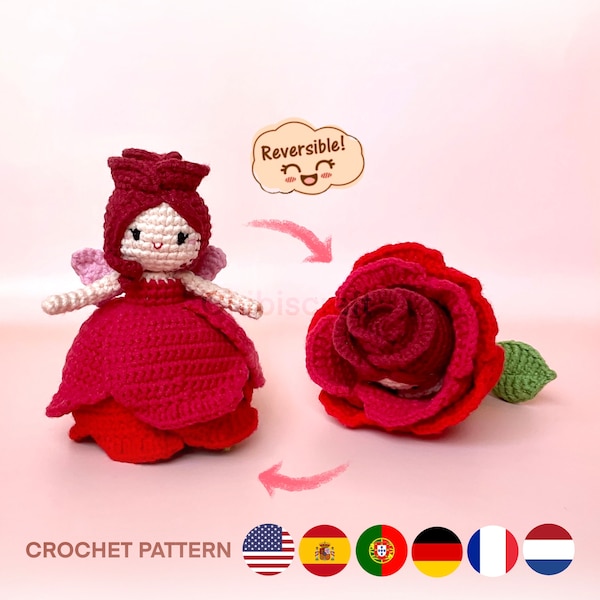 Modèle Amigurumi réversible de fée rose - Modèle de crochet de fleur (PDF)