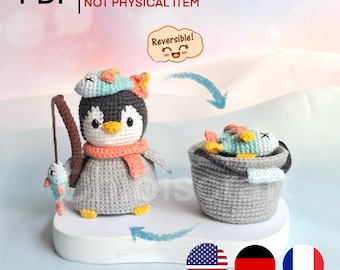 Reversible Penguin and Fish Bucket with fishing rod - PDF Amigurumi Crochet pattern