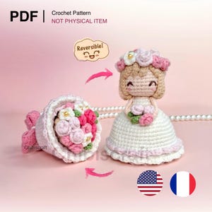 リバーシブルフラワーブーケと花嫁の編みぐるみウェディングかぎ針編みパターン（ミニバージョン）PDF