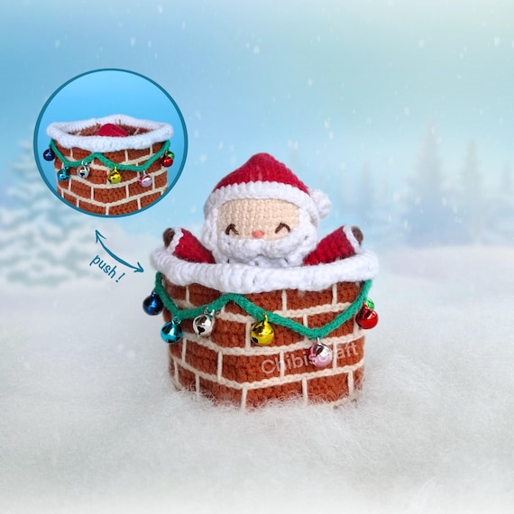 煙突の中のサンタクロースのクリスマス編みぐるみかぎ針編みパターン