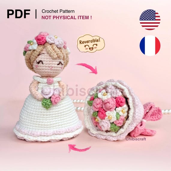 Reversible Flower Bouquet and Bride Amigurumi Wedding crochet pattern (Medium version) PDF