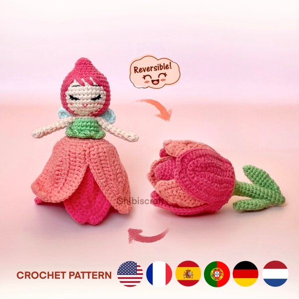 Dwustronny wzór amigurumi wróżki tulipana - wzór szydełkowy z kwiatami (PDF)