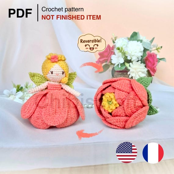 もなりん　ハンドメイド　あみぐるみ　椿　ミモザ　ユーカリ リバーシブル牡丹の花の妖精の編みぐるみかぎ針編みパターン PDF
