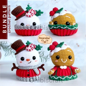 Reversible Christmas Cupcake Amigurumi - Crochet Pattern - Snowman and Gingerbread Man  (pdf)