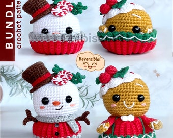 Reversible Christmas Cupcake Amigurumi - Crochet Pattern - Snowman and Gingerbread Man  (pdf)