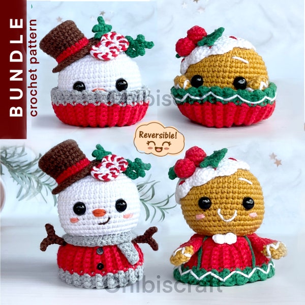 Cupcake de Noël réversible Amigurumi - Patron au crochet - Bonhomme de neige et bonhomme en pain d'épice (pdf)