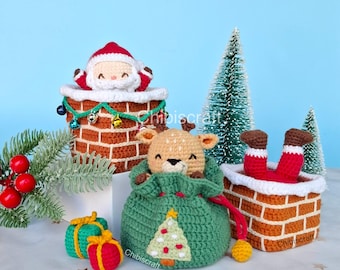 Bundle Peek-a-boo Santa in chimney and reindeer in present sack Christmas Amigurumi Crochet Pattern