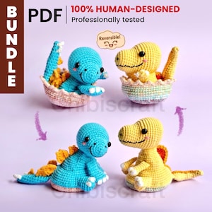 Peut inclure: Un ensemble PDF contenant des modèles de crochet pour deux jouets dinosaures réversibles. Les jouets sont présentés sous deux formes : nichés dans une coquille d'œuf texturée et debout. Les dinosaures sont bleu vif et jaune avec des détails orange.