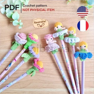 Reversible Mini Flower Fairy Amigurumi Pencil Toppers Low Sew Crochet Pattern PDF Baby Rose, Chamomile, Cosmos, Daisy, Forget me not School